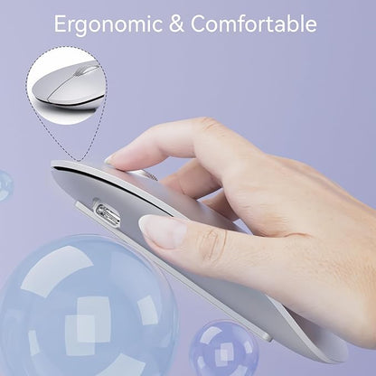 Uiosmuph G11 Wireless Mouse, USB C Rechargeable Computer Mouse, Slim Silent Mice 2.4GHz Optical with USB Nano Receiver and Type C Receiver for Laptop/Mac/PC - Silver