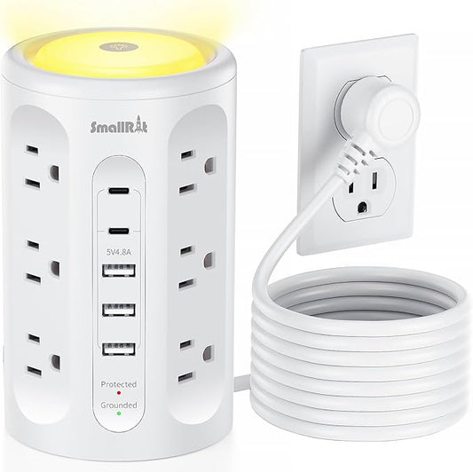 Power Strip Tower with Night Light, Surge Protector Tower with Multiple Outlets (12AC+3A+2C), 10 FT Extension Cord Charging Station for Home, Office, Dorm Essentials (White)
