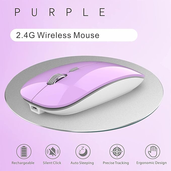 Uciefy Q5 Slim Rechargeable Wireless Mouse, 2.4G Portable Optical Silent Ultra Thin Wireless Computer Mouse with USB Receiver and Type C Adapter, Compatible with PC, Laptop, Desktop (Purple)