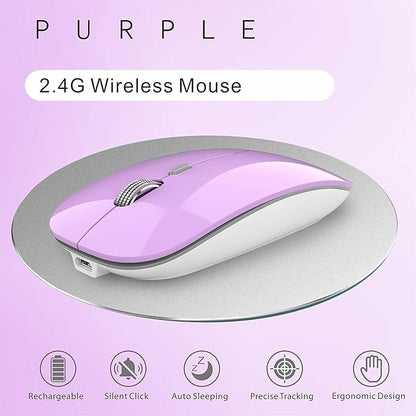 Uciefy Q5 Slim Rechargeable Wireless Mouse, 2.4G Portable Optical Silent Ultra Thin Wireless Computer Mouse with USB Receiver and Type C Adapter, Compatible with PC, Laptop, Desktop (Purple)
