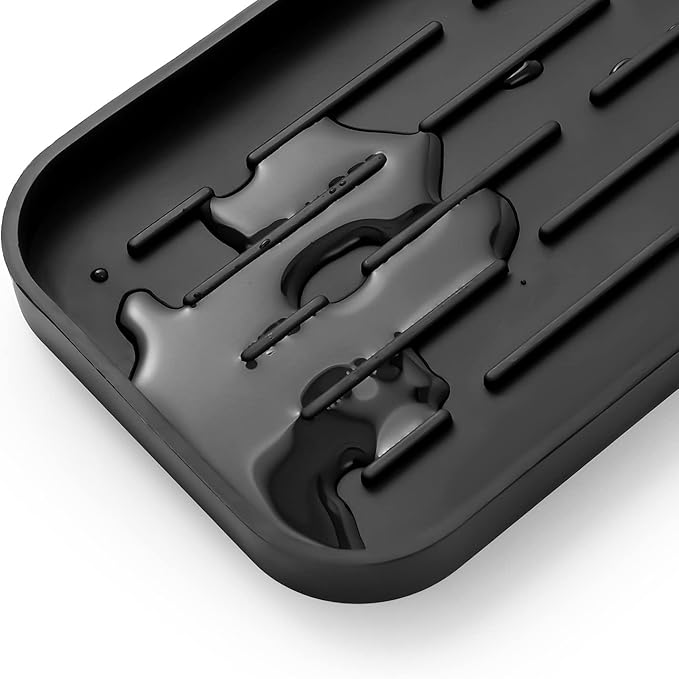 Silicone Kitchen Sink Organizer Tray for Multiple Usage,Eco-Friendly Sponges Holder for Kitchen Bathroom Counter or Sink,Dish Soap Dispenser,Scrubber,Bottle,Cup (Black, 10"×5.3")