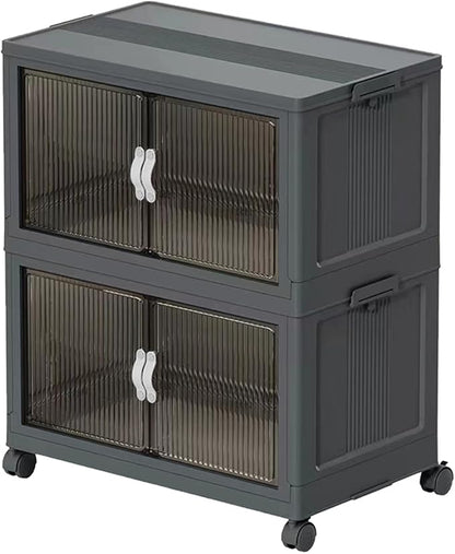 Stackable Storage Bins with Lids and Wheels for Home Organization-Large Foldable Containers Plastic Wheel Collapsible Storage Cabinet Boxes for Home, Pantry, Office (S, Gray 2-Tier)