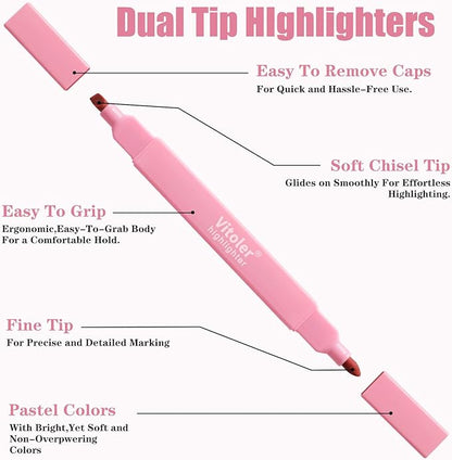 Vitoler Highlighters Assorted Colors,8pcs Dual Tip Pastel Colors Highlighters for Bible Study, Teacher Supplies and School Accessories
