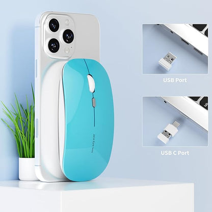 Uciefy Q5 Slim Rechargeable Wireless Mouse, 2.4G Optical Silent Ultra Thin Wireless Computer Mouse with USB Receiver and Type C Adapter, Compatible with PC, Laptop, Desktop (Blue)