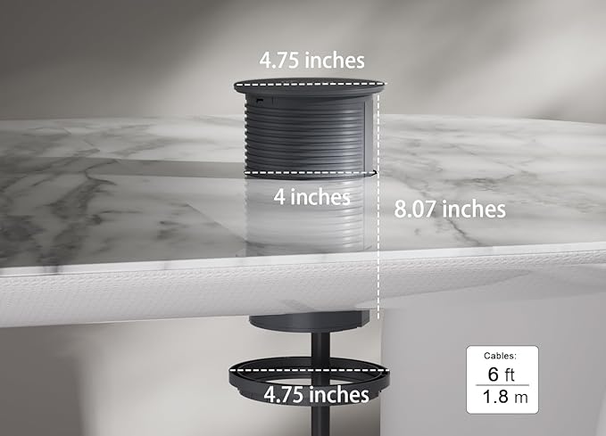 Pop up Outlet - 4-inch Hole,4-AC Outlet,20W USB C,15W Wireless Charging,2-USB Port,Desktop Recessed Grommet Power Outlet for Kitchen Island Countertop,6 ft Cable,Grey