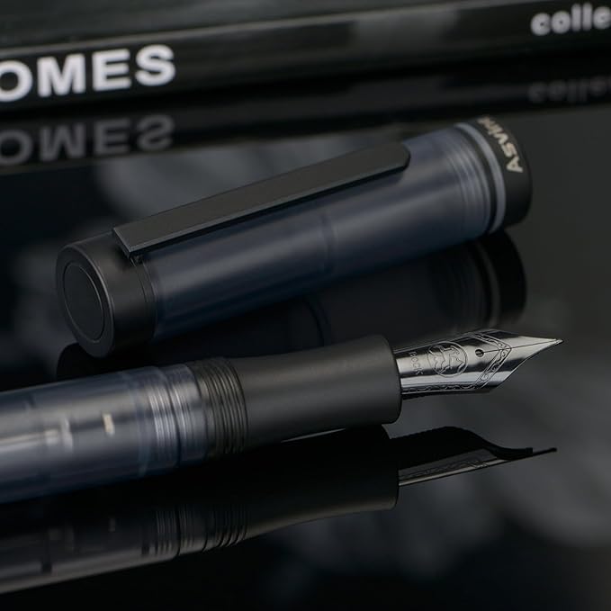 Asvine V200 Titanium Fountain Pen Vacuum Filling, Matte Black Bock Medium Nib Transparent Acrylic Smooth Writing Pen Case Set