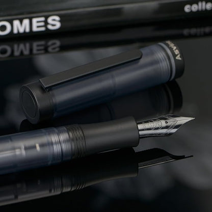 Asvine V200 Titanium Fountain Pen Vacuum Filling, Matte Black Bock Fine Nib Transparent Acrylic Smooth Writing Pen Case Set