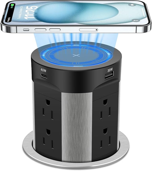 Pop Up Outlet for Countertop, 15W Wireless Charger PD 45W, 2 USB-A & 2 USB-C & 8AC Outlets 15A Tamper Resistant, 4-inch Island Kitchen Pop Out