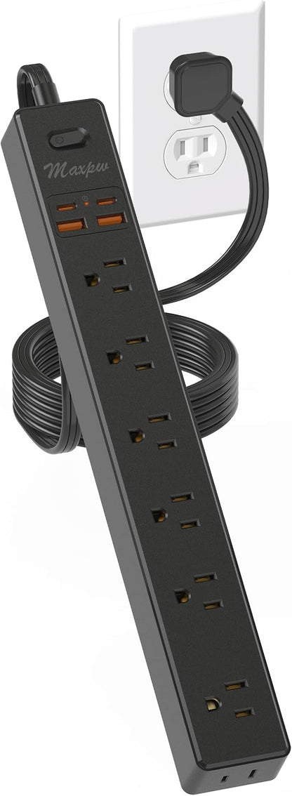 6 Ft Power Strip Surge Protector - 7 Outlets 4 USB Ports (2 USB C), Ultra Thin Flat Extension Cord & Flat Plug, 1700 Joules, Wall Mount, Desk Charging Station for Home Office Dorm, Black