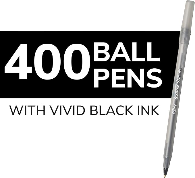 BIC Round Stic Xtra Life Black Ballpoint Pens, Medium Point (1.0mm), 400-Count Pack of Bulk Pens, Flexible Round Barrel for Comfortable Writing, No. 1 Selling Ballpoint Pens