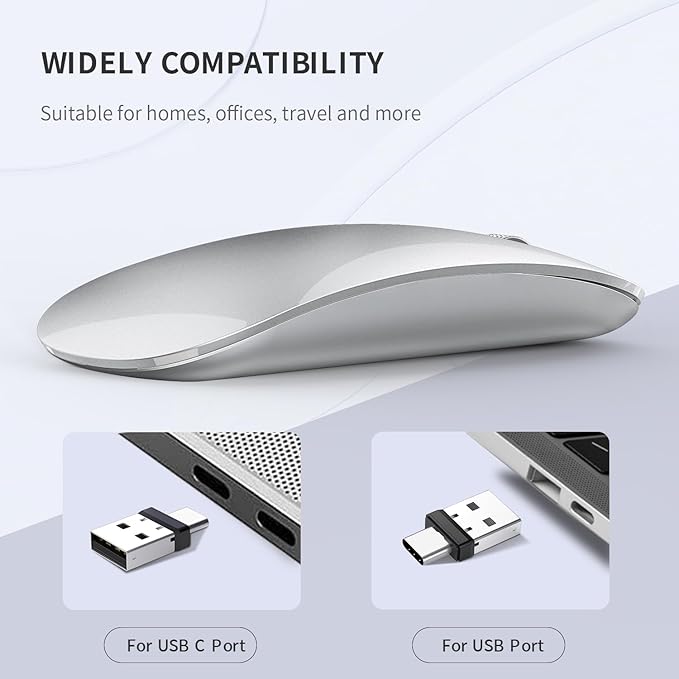 Uiosmuph G11 Wireless Mouse, USB C Rechargeable Computer Mouse, Slim Silent Mice 2.4GHz Optical with USB Nano Receiver and Type C Receiver for Laptop/Mac/PC - Silver