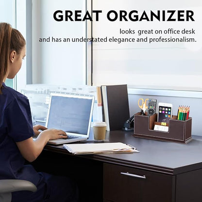 PUSU Desk Pencil Holder, PU Leather Pen Holder for Desk, Executive Desk Organizers and Accessories, Multifunctional Desk Organizer with 4 Compartments Storage Business Card/Pen/Pencil/Phone/Stationery