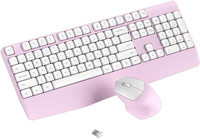 Wireless Keyboard and Mouse Combo, Ergonomic Keyboard with Wrist Rest and Mouse, 2.4Ghz Wireless Connection, Compatible with PC/Laptop/Windows/Mac for Home and Office Use (White Pink)