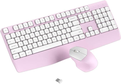 Wireless Keyboard and Mouse Combo, Ergonomic Keyboard with Wrist Rest and Mouse, 2.4Ghz Wireless Connection, Compatible with PC/Laptop/Windows/Mac for Home and Office Use (White Pink)