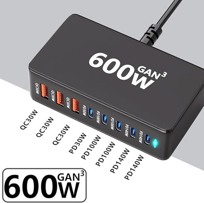 Famous TECH Shop 600W III PD 3.1 USB C Charger: 8 Port Fast Charging Hub | 5 USB-C + 3 USB-A Smart Power Delivery Multiport Adapter for MacBook Pro, iPhone 15, iPad, Samsung Galaxy, Laptop