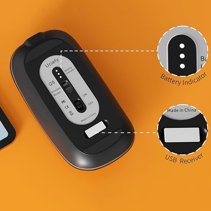 Uciefy Q5 Slim Rechargeable Wireless Mouse, 2.4G Portable Optical Silent Ultra Thin Wireless Computer Mouse with USB Receiver and Type C Adapter, Compatible with PC, Laptop, Notebook, Desktop Black