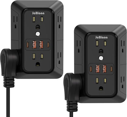 Surge Protector Outlet Extender, 6 Outlet Extender with 4 USB Charging Ports (2 USB C), 3 Sided Multi Plug Wall Adapter for Home, Office, Travel-2 Pack,Black