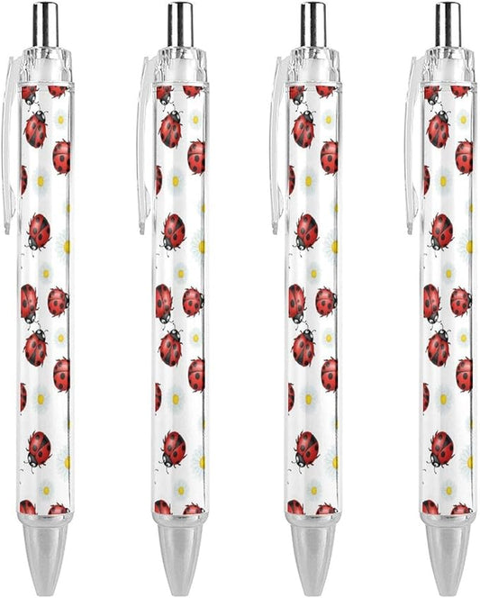 4 Count Retractable Red Cartoon Ladybug Pattern Ballpoint Pens, Smooth Writing Ink Pen, Gel Pens Home Office Essentials