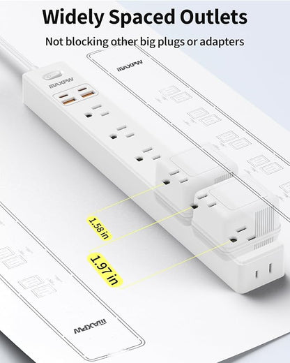10 Ft Power Strip Surge Protector - 7 Outlets 4 USB Ports (2 USB C), Ultra Thin Flat Extension Cord & Flat Plug, 1700 Joules, Wall Mount, Desk Charging Station for Home Office Dorm, White