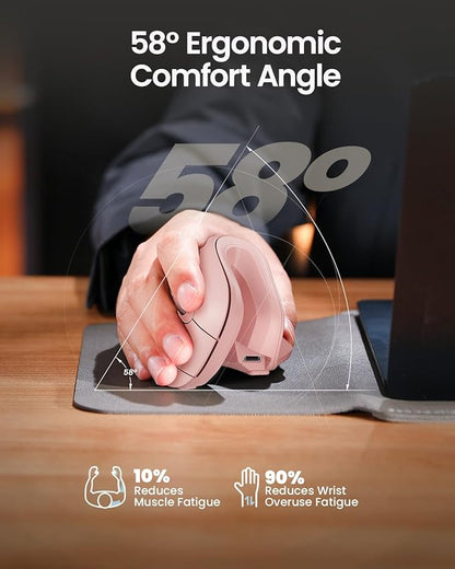 ProtoArc Ergonomic Vertical Mouse, EM11 NL Rechargeable Wireless Mouse Bluetooth, Ergo Mice with 3 Multi-Device for PC/Notebook/Laptop, 2.4GHz Optical Mice for Windows, Mac OS, Pink