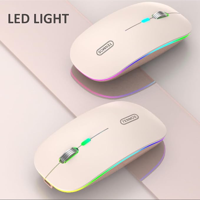 TENMOS Wireless Bluetooth Mouse, LED Slim (Bluetooth 5.1 + USB) 2.4GHz Rechargeable Silent Bluetooth Wireless Mouse with Type C Adapter for Laptop/MacBook/iPad OS 13 and Above - Light Pink