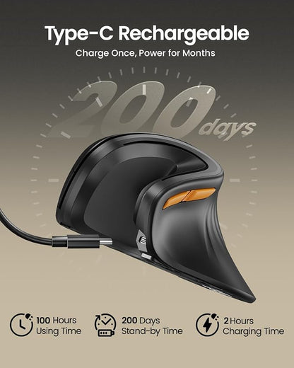ProtoArc Ergonomic Mouse, EM11 NL Bluetooth Rechargeable Wireless Vertical Mouse, 3 Multi-Device Connectivity for Computer/PC/Laptop, 2.4GHz Optical Mice for Windows, Mac OS, Black