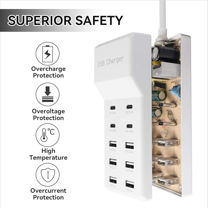 USB Charging Station Block with 10-Port (6 USB-A Port & 4 USB-C Port),USB Power Strip for Smart Phone Tablet Laptop Computer (1 Pcs)
