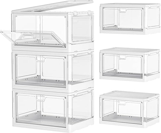 Clear Storage Bin with Lid 3 Pack 【Stackable & Sturdy】 Plastic Multifunctional Folding Storage Bins for Bedroom, Living Room, Study,Room, 23 QT Folding Box with Magnetic Door