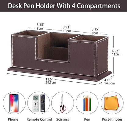 PUSU Desk Pencil Holder, PU Leather Pen Holder for Desk, Executive Desk Organizers and Accessories, Multifunctional Desk Organizer with 4 Compartments Storage Business Card/Pen/Pencil/Phone/Stationery