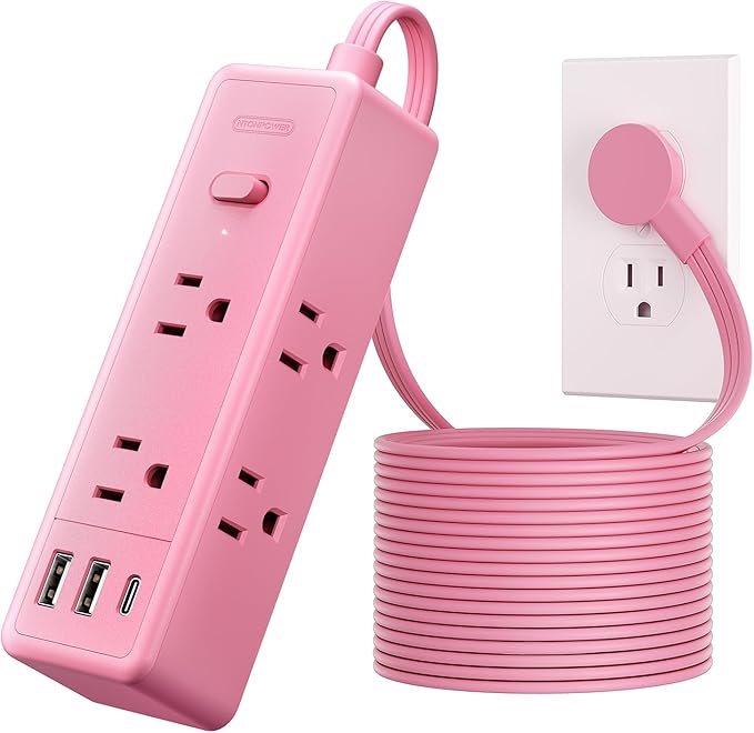 NTONPOWER Pink Extension Cord 15 ft, 1080 Joules Surge Protector Power Strip with 6 Widely Outlets 3 USB (1 USB C), Power Strip Long Cord Flat Plug Extension Cord for Home Office Dorm Room Essentials