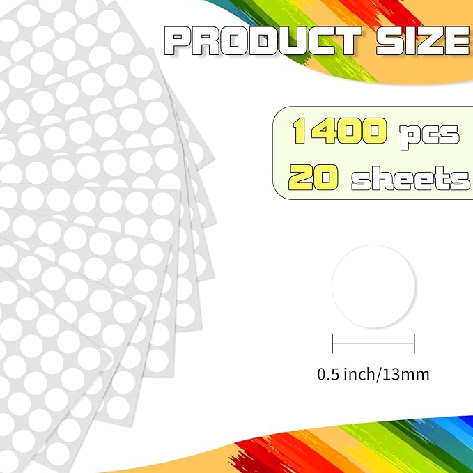 Starboling Dot Stickers - 1/2 Inch White Circle Labels, 1400pcs Writable Color Coding, Round Stickers for Office, Classroom, Garage Sale