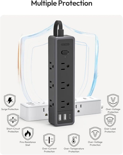 Surge Protector Power Strip,9 Widely Outlets and 3 USB Ports (1 USB-C), 1080 Joules, 10 FT Flat Extension Cord with Multiple Outlets, Wall Mount, Flat Plug, for Home Office, Dorm Essentials, White