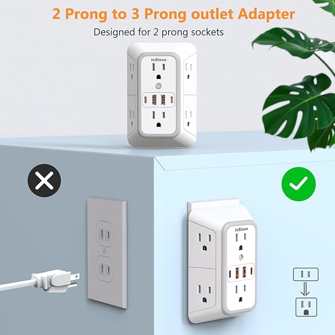USB Wall Charger Power Strip Surge Protector with 4 USB Ports (2 USB C) Plug Extension Multiple Outlets Plug Extension Multi Outlet Plug in Adapter Spaced Outlets for Home Office Travel,White (White)