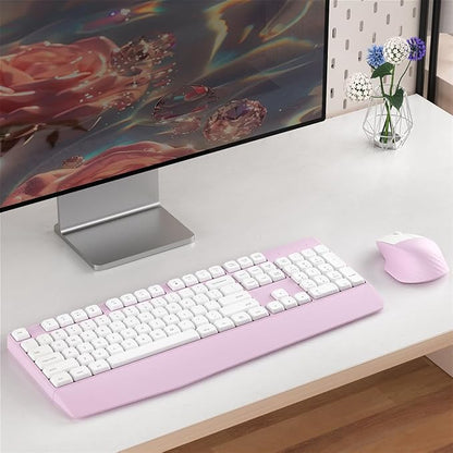 Wireless Keyboard and Mouse Combo, Ergonomic Keyboard with Wrist Rest and Mouse, 2.4Ghz Wireless Connection, Compatible with PC/Laptop/Windows/Mac for Home and Office Use (White Pink)