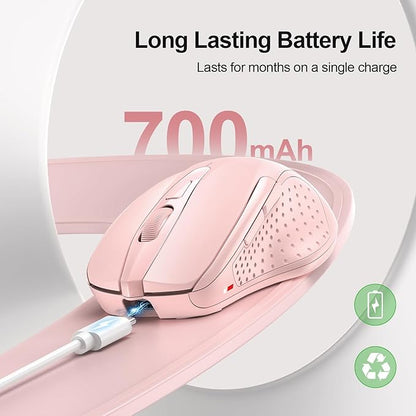 TECKNET Rechargeable Wireless Mouse, 2.4G Silent Quiet Click, 6 Adjustable 4800 DPI, Cordless Computer Mouse, Ergonomic Mouse for Laptop, 6 Buttons USB for Chromebook, Ergo Grip - Pink