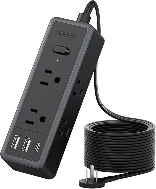 NTONPOWER Flat Extension Cord 10 ft, 1080 Joules Surge Protector Power Strip with 6 Widely Outlets 3 USB (1 USB C), Flat Plug Extension Cord Power Strip Long Cord for Home Office Dorm Room Essentials