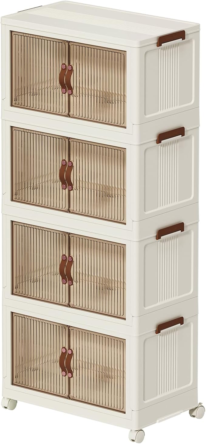 35 QT Collapsible Stackable Plastic Storage Bins with Lids & Wheel, Multifunctional Folding Storage Cabinet Containers with Door for Clothes, Home, Room, White, 4 Tiers