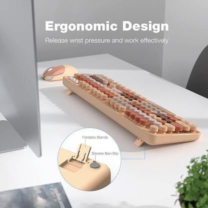 Wireless Keyboard and Mouse Combo, MOWUX Colorful Computer Full Size 2.4G Plug and Play Wireless Typewriter Keyboard and Mouse Set for Windows, Computer, Desktop, PC, Notebook (Milk Tea Colorful)