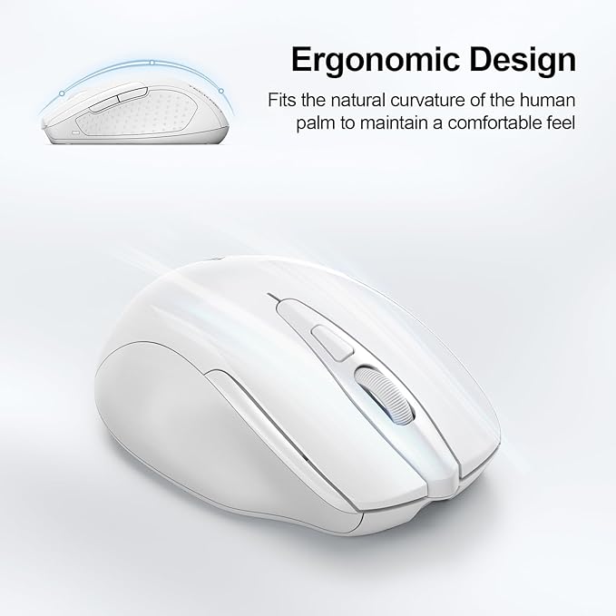 TECKNET Wireless Mouse (BT5.0/3.0 & 2.4G) Rechargeable 4800 DPI Silent USB A & Bluetooth Mouse 6 Buttons, Wide Compatibility - White