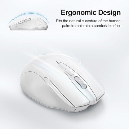 TECKNET Wireless Mouse (BT5.0/3.0 & 2.4G) Rechargeable 4800 DPI Silent USB A & Bluetooth Mouse 6 Buttons, Wide Compatibility - White