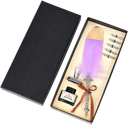 Quill Feather Pen and Ink Set,Calligraphy Set,Calligraphy Kits Include Antique Quill Feather Pen,6 Nibs,1 Bottles Inks,Pen Holder for Beginners Birthday Gift（Purple）