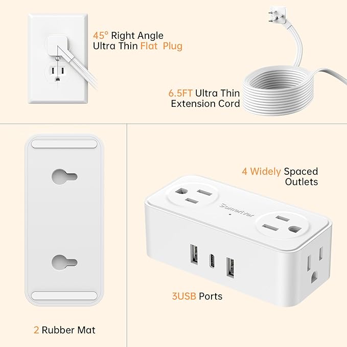 6.5Ft Power Strip with Surge Protector, 4 Outlets 3 USB Ports Extension Cord, Flat Plug Charging Station for Home Office Desk & College Dorm Essentials, White