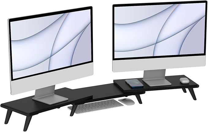 loukin Dual Monitor Stand Riser for Desk, 43.6"*8.2"*3.2" Large Computer Stand for 2 Monitors, Laptop, Printer, Length and Angle Adjustable Computer Shelf, Home Office,Max 43.6" Length(Black)