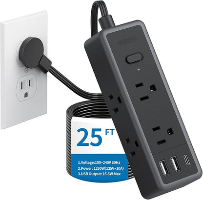 NTONPOWER Extension Cord 25 ft, 1080 Joules Surge Protector Power Strip with 6 Widely Outlets 3 USB (1 USB C), Long Extension Cord for Home Office Dorm Room Essentials