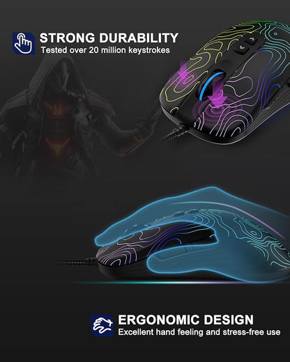 Womier G706 USB Wired Gaming Mouse for PC Computer Windows Mac Laptop, Lightweight Silent RGB Backlit Mouse with Adjustable 12000DPI/7 Programmable Side Buttons,Kanagawa Theme (Black Topographic)