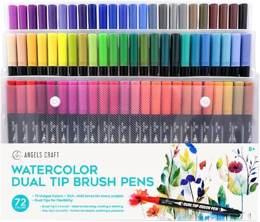 72-Color Watercolor Dual Tip Brush & Fine Tip Pens - Ideal for Painting, Illustration, Journaling, Calligraphy & Design - Water Based Ink, Non-Toxic, Water-Based Ink