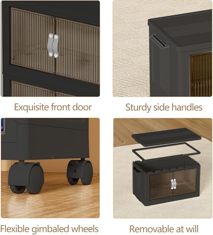 Stackable Storage Bins,164GAL Foldable Cabinet Storage Bins with Lid and Door, Collapsible Plastic Closet Organizers, Folding Multi-Use Containers for Home, Pantry, Office (L, Gray 5-Tier)