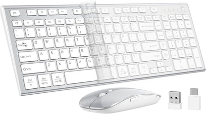 Wireless Keyboard and Mouse, GALENMORO Silent Quiet Combo Low Profile USB C Full Size Compact with Number Pad Flat Soft Touch Cordless for Mac Computer PC Laptop Macbook iMac Office - White and Silver