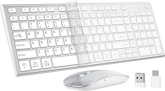Wireless Keyboard and Mouse, GALENMORO Silent Quiet Combo Low Profile USB C Full Size Compact with Number Pad Flat Soft Touch Cordless for Mac Computer PC Laptop Macbook iMac Office - White and Silver