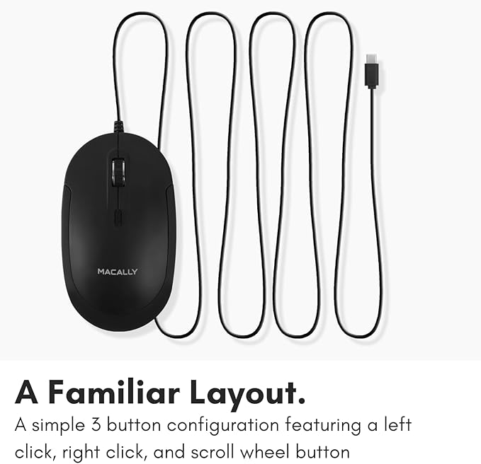 Macally Wired USB C Mouse for Mac and PC - Slim, Quiet, and Reliable - 4 DPI Mode Type C for Laptop, MacBook Pro/Air, iMac - Wired Mice USBC